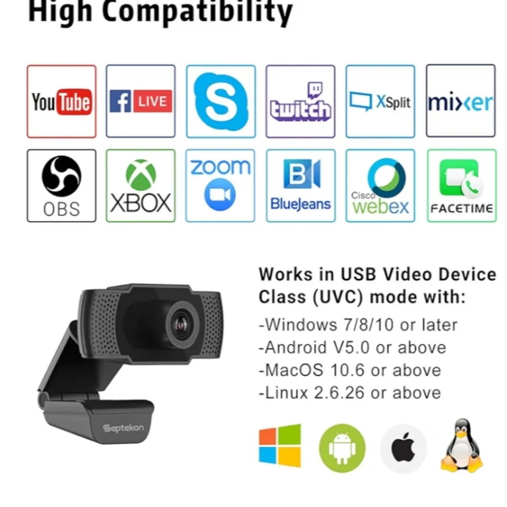 Black USB Webcam with Built-In Microphone